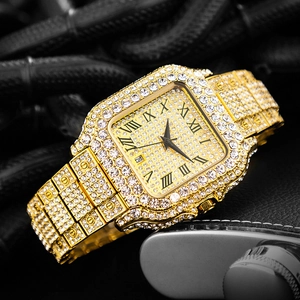 Macro shot of luxury gold square watch with full crystal pavé and Roman numerals