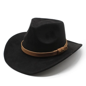 Classic black suede cowboy fedora hat with brown leather band and metallic studs