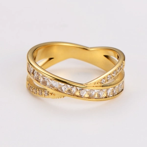 Close-up of golden stainless steel cross ring featuring square-cut cubic zirconia stones