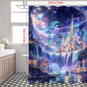 Detail view of 180x180cm 3D shower curtain featuring a dream castle and starry waterfall