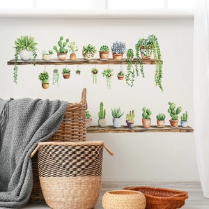 Detail of watercolor succulent and cactus wall decals on wooden shelf style graphics
