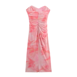Robe bustier rose à motif tie-dye avec dos froncé et fermeture éclair centrale
