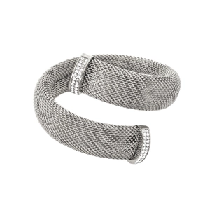 Detail of silver mesh wrap bracelet featuring sparkling rhinestone-encrusted bars