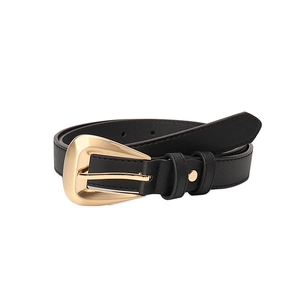 Classic black leather belt with a bold gold pin buckle for women, shown on white background