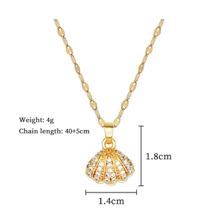 Detail of shell pendant with white zircons on 40cm chain showing weight and dimensions