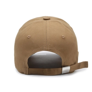 Khaki cotton baseball cap back view showing adjustable strap and metal buckle detail