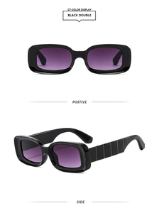 Detail of black rectangular sunglasses featuring purple gradient lenses and geometric arms