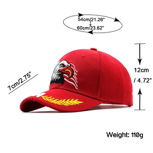 Red baseball cap with eagle flag embroidery and size specs on a white background
