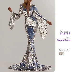 Robe de Soirée Sexy pour Femmes à Paillettes Argentées Col en V Profond Manches Cloche Silhouette Sirène Longueur Sol pour Banquet Fête