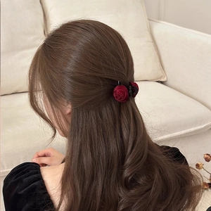 Rose Hair Claw Clip Fabric Satin Flower Elegant Burgundy Vintage Hairpin Accessory For Women Girls