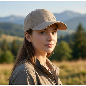Detail of khaki baseball cap featuring FS FASHION embroidery with soft outdoor lighting