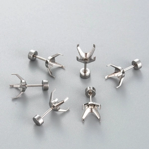 Set of six silver titanium steel four-prong earring settings for DIY jewelry making