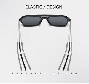 Detail showing elastic metal double-bridge sunglasses temples with flexible design