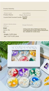 Detail showing dimensions of seashell scented candles with colorful crystals and shells