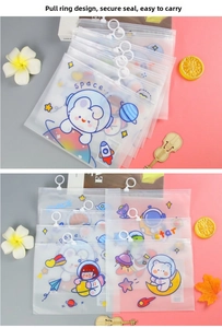 Close-up of frosted space-themed storage bags with unique white ring zipper pull details