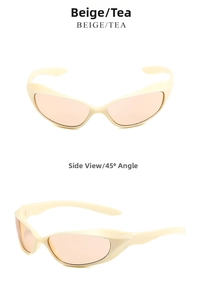 Front and 45-degree side views of Y2K beige wrap sunglasses with brown lenses