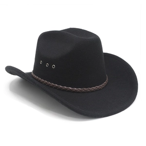 Side view of black western cowboy hat with woven leather band and metal eyelets