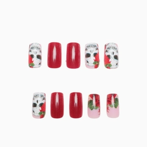 24pcs gothic press-on nails featuring red glitter, skull patterns and rose floral designs