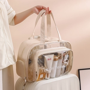 Portable beige dry and wet separation travel toiletry bag with clear PVC window