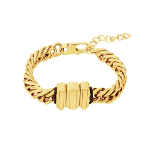Men's gold Cuban link bracelet with rectangular center detail and lobster clasp closure