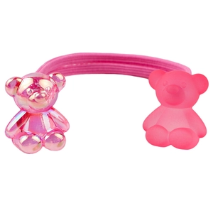 Pink elastic hair tie with gummy bear charms in glossy iridescent and matte finish
