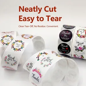 Rolls of round Thank You sealing stickers with vintage floral and glitter designs