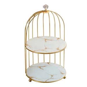 2-tier golden birdcage cosmetic organizer with marble pattern trays for vanity
