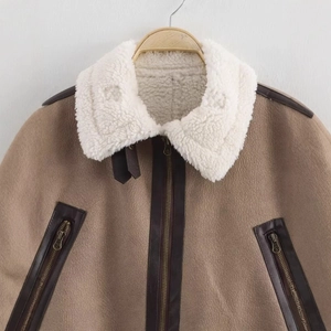Vintage shearling short jacket with faux suede fabric and white faux fur collar in khaki brown