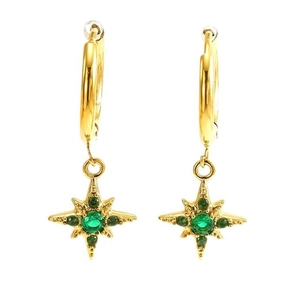 18K gold plated stainless steel huggie hoop earrings with green zircon star charms