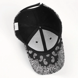 Detailed internal view of paisley baseball cap showing adjustable strap and fabric label