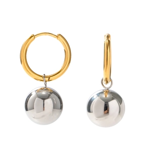 Polished two-tone stainless steel hoop earrings with silver ball charms in golden finish