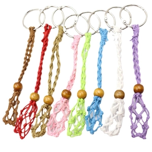 Adjustable woven mesh pouch keychains in eight colors with wooden beads and metal rings