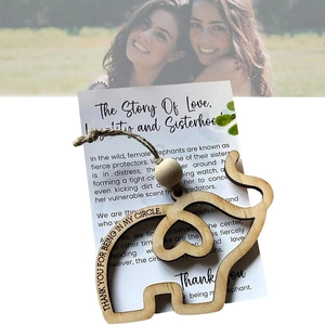 Detail of wooden elephant charm with friendship card against soft focus female friends