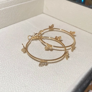Close-up of golden butterfly hoop earrings with textured wings in a jewelry box