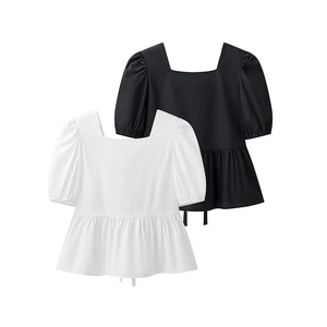 Blouses pour femmes à dos nu, manches bouffantes et ourlets à volants en noir et blanc