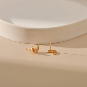 Elegant 18K gold plated crescent moon stud earrings with zircon stones and brass base