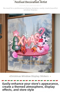 Detail of pink 3D Xmas stickers with snowmen and trees for festive glass decoration