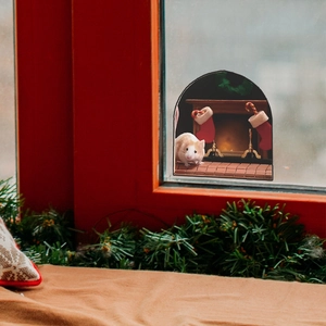 3D Christmas mouse hole wall sticker featuring a cute mouse and festive fireplace decor