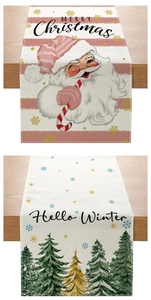 Close-up of double-sided Easter table runner featuring festive Santa and winter forest patterns