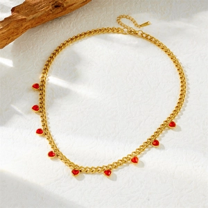 Gold Cuban chain necklace with nine red heart pendants in polished stainless steel
