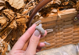 Detailed view of luxury full diamond silver ring worn by a model in a retro setting