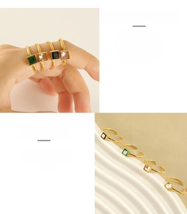 Detail of adjustable stainless steel rings featuring colorful square zircon stones