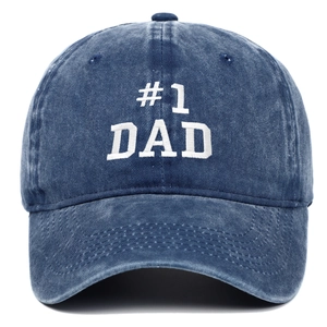 Retro washed navy blue baseball cap featuring #1 DAD white embroidery and a curved brim