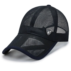 Breathable black mesh baseball cap with silver metal eagle badge for outdoor sports