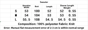 Detailed size chart for the knit sweater set showing chest, sleeve, and length dimensions