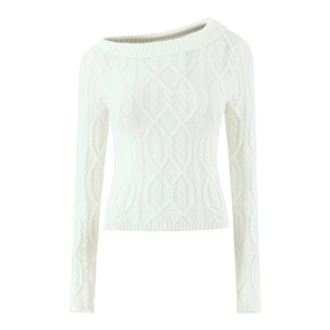 Detail of white cable knit texture on off-shoulder long sleeve sweater and skirt set