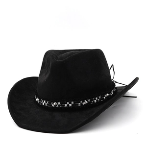 Black faux suede western cowboy hat with checkered ribbon and silver stud accents