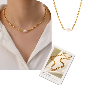 Freshwater Pearl Pendant Necklace Gold Plated 316L Stainless Steel Oval Bead Chain Jewelry For Women Elegant Stylish