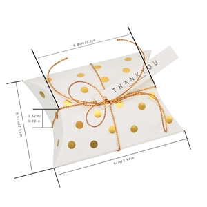 European white pillow candy box with gold foil dots, thank you tag and dimensions
