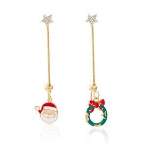 Detail of asymmetric Christmas earrings with Santa Claus, wreath, and rhinestone stars